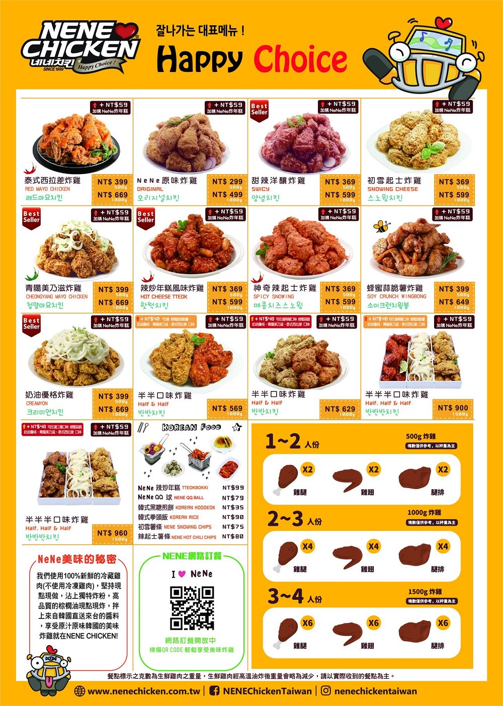 NENE CHICKEN韓國炸雞菜單